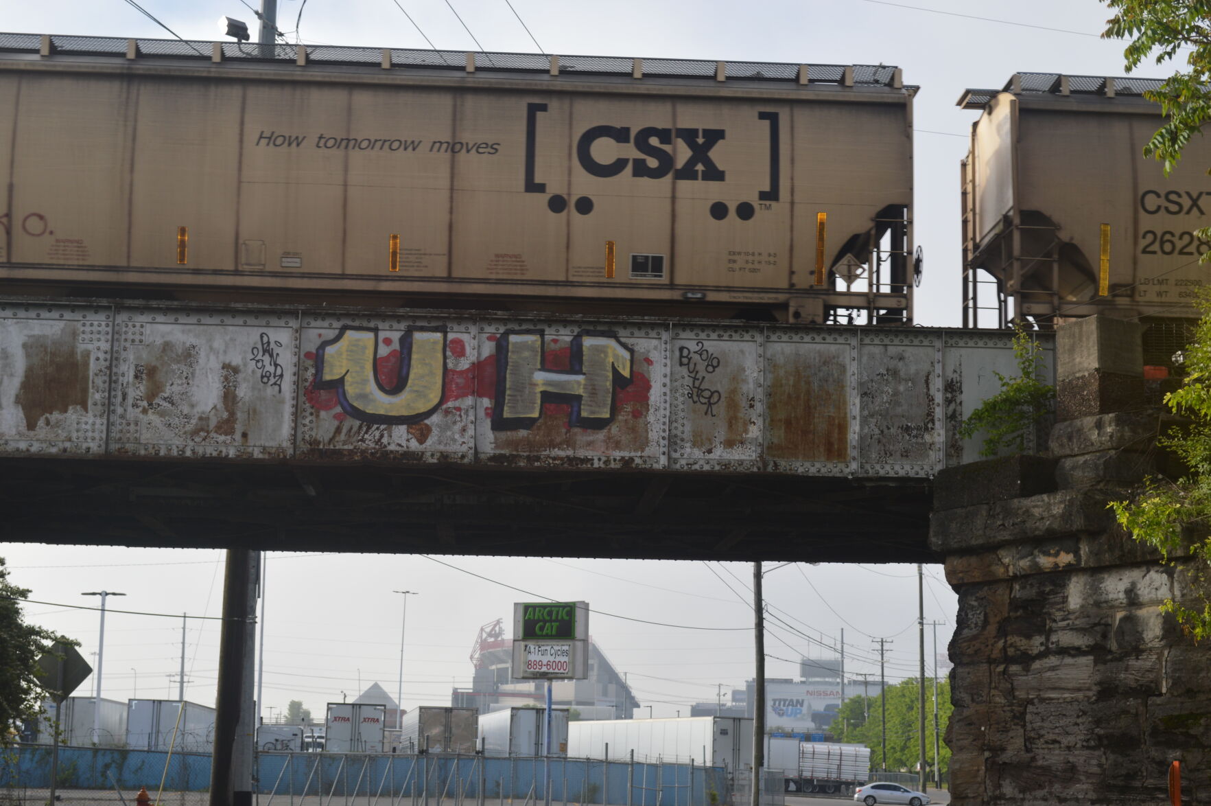 A railway bridge on South First Street facing Nissan Stadium